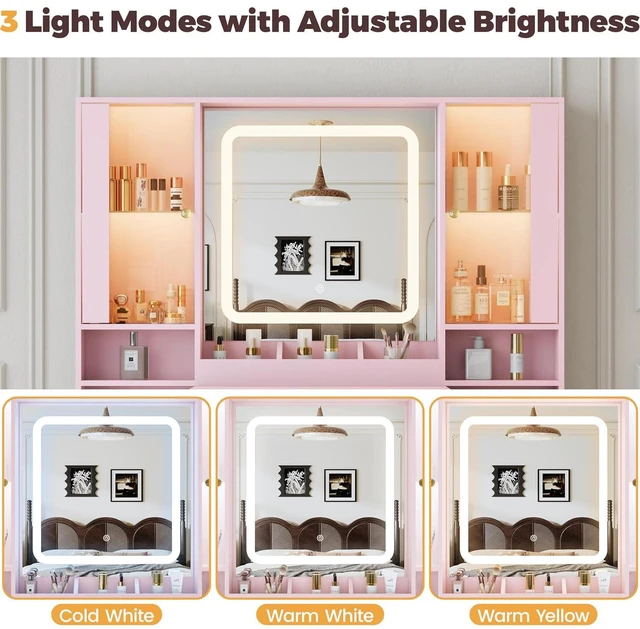 Alt view image 6 of 7 - Vanity Desk with Mirror and Lights, Makeup Vanity with 7 Drawers, 2 Glass Door Cabinets, Charging Station, Adjustable Shelves, RGB Lighting, Holder