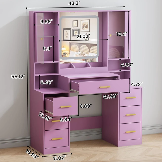 Alt view image 2 of 7 - Vanity Desk with Mirror and Lights, Makeup Vanity with 7 Drawers, 2 Glass Door Cabinets, Charging Station, Adjustable Shelves, RGB Lighting, Holder
