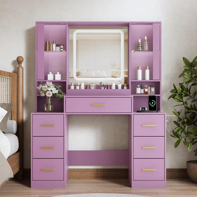 Alt view image 3 of 7 - Vanity Desk with Mirror and Lights, Makeup Vanity with 7 Drawers, 2 Glass Door Cabinets, Charging Station, Adjustable Shelves, RGB Lighting, Holder