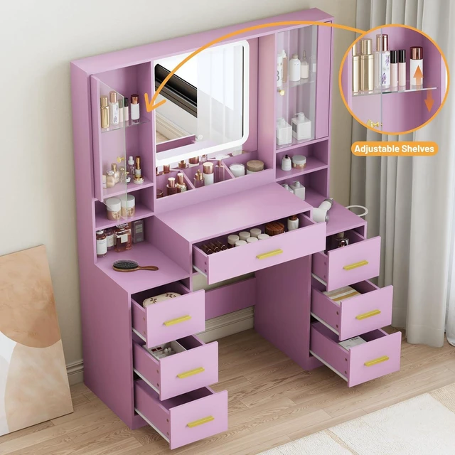 Alt view image 4 of 7 - Vanity Desk with Mirror and Lights, Makeup Vanity with 7 Drawers, 2 Glass Door Cabinets, Charging Station, Adjustable Shelves, RGB Lighting, Holder