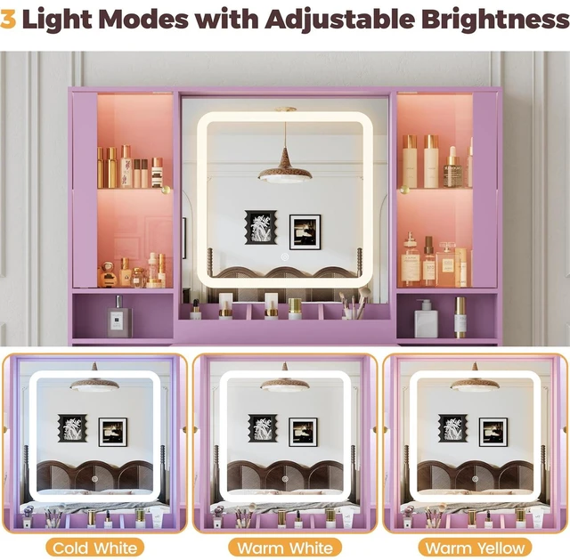 Alt view image 6 of 7 - Vanity Desk with Mirror and Lights, Makeup Vanity with 7 Drawers, 2 Glass Door Cabinets, Charging Station, Adjustable Shelves, RGB Lighting, Holder