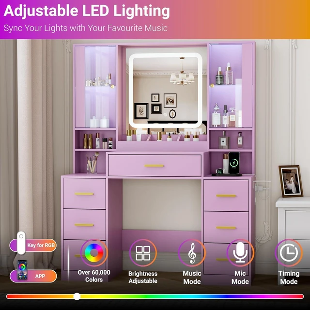 Alt view image 5 of 7 - Vanity Desk with Mirror and Lights, Makeup Vanity with 7 Drawers, 2 Glass Door Cabinets, Charging Station, Adjustable Shelves, RGB Lighting, Holder