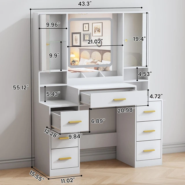 Alt view image 2 of 7 - Vanity Desk with Mirror and Lights, Makeup Vanity with 7 Drawers, 2 Glass Door Cabinets, Charging Station, Adjustable Shelves, RGB Lighting, Holder