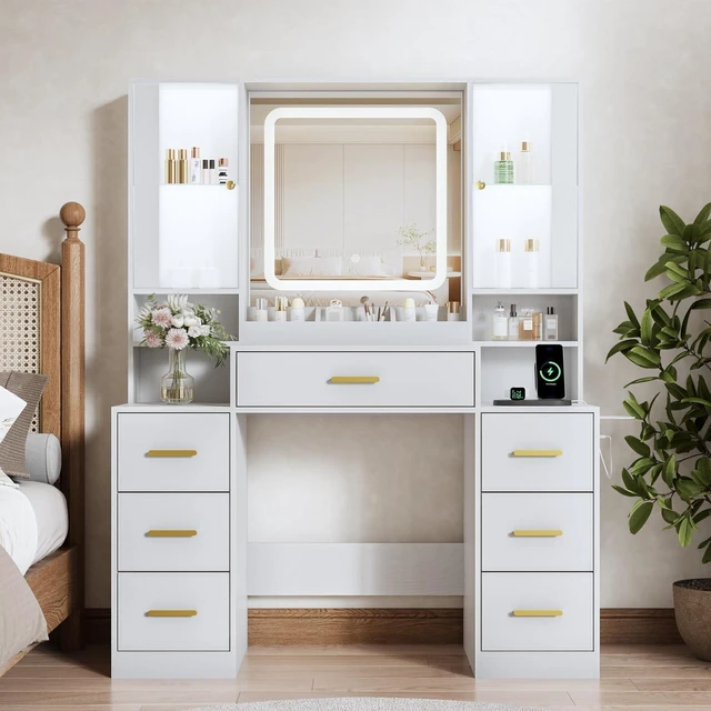 Alt view image 3 of 7 - Vanity Desk with Mirror and Lights, Makeup Vanity with 7 Drawers, 2 Glass Door Cabinets, Charging Station, Adjustable Shelves, RGB Lighting, Holder