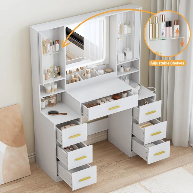 Alt view image 4 of 7 - Vanity Desk with Mirror and Lights, Makeup Vanity with 7 Drawers, 2 Glass Door Cabinets, Charging Station, Adjustable Shelves, RGB Lighting, Holder