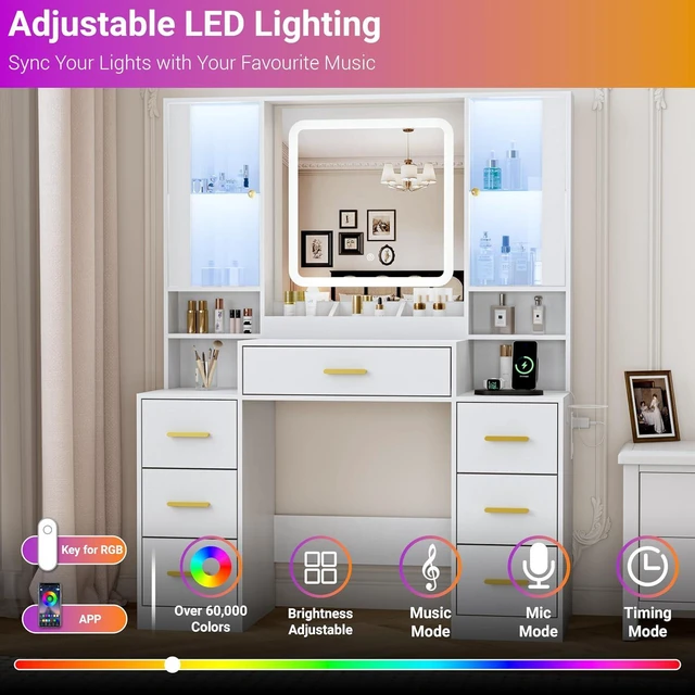 Alt view image 5 of 7 - Vanity Desk with Mirror and Lights, Makeup Vanity with 7 Drawers, 2 Glass Door Cabinets, Charging Station, Adjustable Shelves, RGB Lighting, Holder