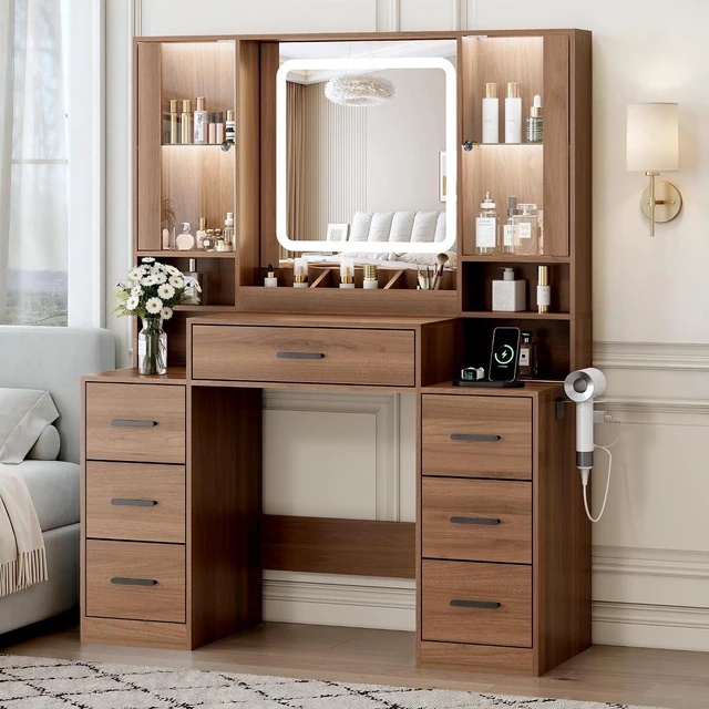 Main image of Vanity Desk with Mirror and Lights, Makeup Vanity with 7 Drawers, 2 Glass Door Cabinets, Charging Station, Adjustable Shelves, RGB Lighting, Holder