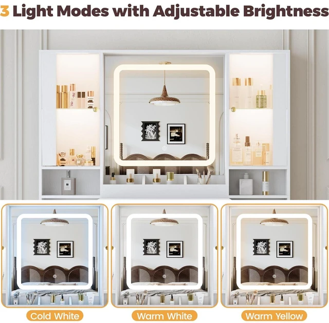 Alt view image 6 of 7 - Vanity Desk with Mirror and Lights, Makeup Vanity with 7 Drawers, 2 Glass Door Cabinets, Charging Station, Adjustable Shelves, RGB Lighting, Holder