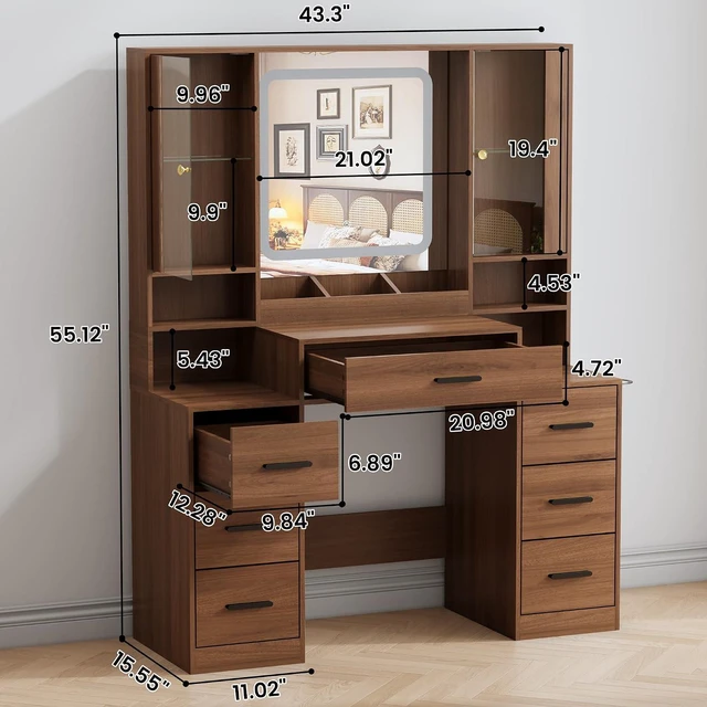 Alt view image 2 of 7 - Vanity Desk with Mirror and Lights, Makeup Vanity with 7 Drawers, 2 Glass Door Cabinets, Charging Station, Adjustable Shelves, RGB Lighting, Holder