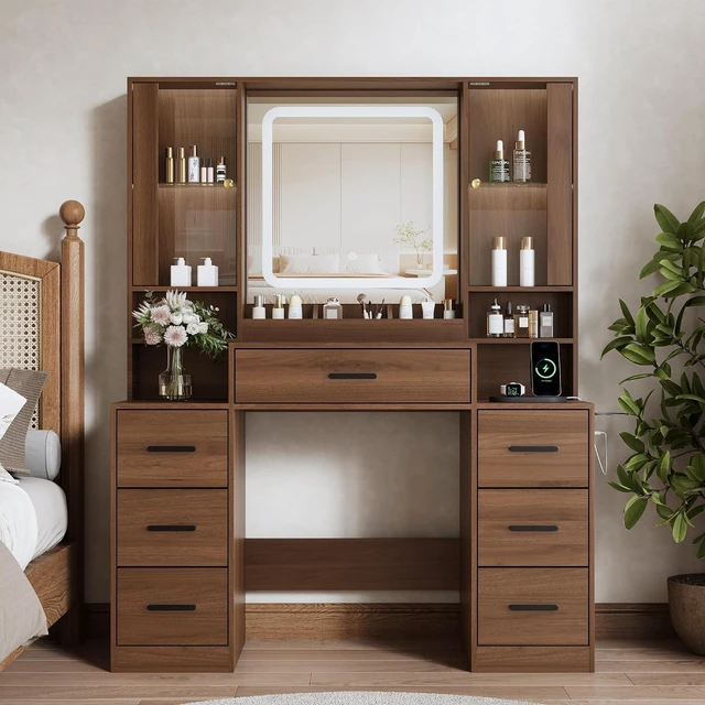 Alt view image 3 of 7 - Vanity Desk with Mirror and Lights, Makeup Vanity with 7 Drawers, 2 Glass Door Cabinets, Charging Station, Adjustable Shelves, RGB Lighting, Holder