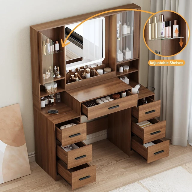 Alt view image 4 of 7 - Vanity Desk with Mirror and Lights, Makeup Vanity with 7 Drawers, 2 Glass Door Cabinets, Charging Station, Adjustable Shelves, RGB Lighting, Holder
