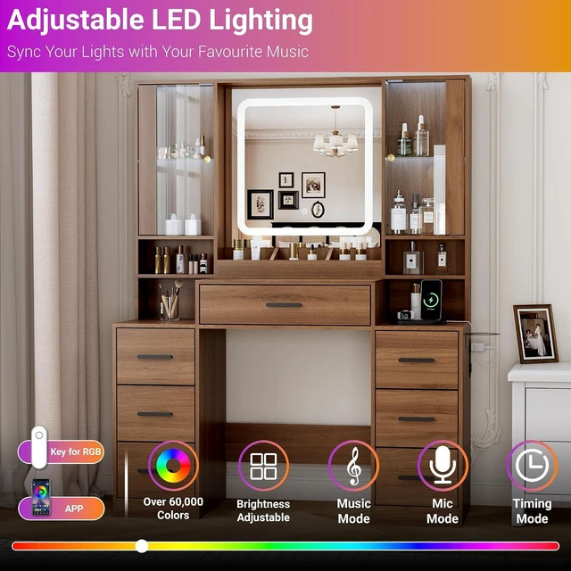 Alt view image 5 of 7 - Vanity Desk with Mirror and Lights, Makeup Vanity with 7 Drawers, 2 Glass Door Cabinets, Charging Station, Adjustable Shelves, RGB Lighting, Holder