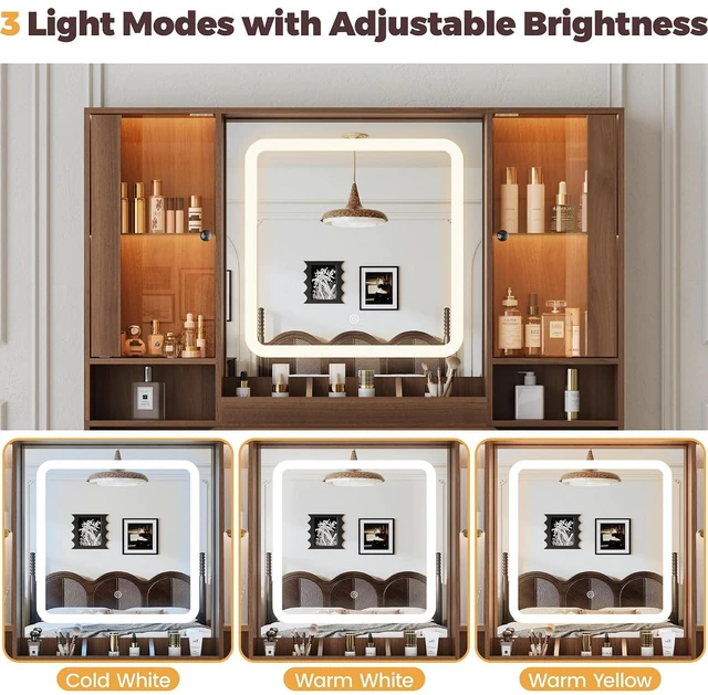 Alt view image 6 of 7 - Vanity Desk with Mirror and Lights, Makeup Vanity with 7 Drawers, 2 Glass Door Cabinets, Charging Station, Adjustable Shelves, RGB Lighting, Holder