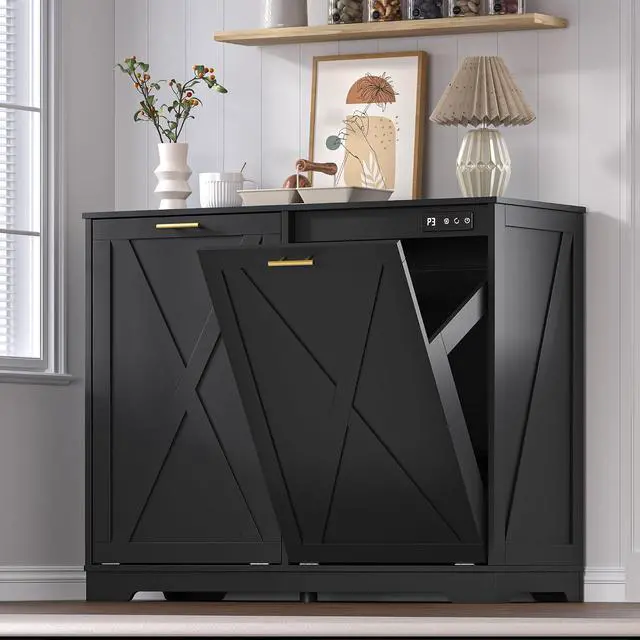 Main image of Tilt Out Trash Can Cabinet for 2 Bins, Hidden Recycle Garbage Bin Enclosure, Wooden Double Laundry Cabinet with Odor Control, Negative Ion & Ozone, for Kitchen, Bathroom, Laundry Room