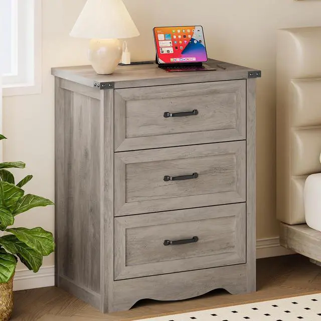 Main image of Night Stand with Charging Station, Wave Base Bedside Table Dresser with Metal Handles, Sturdy Wooden End Side Table Storage Cabinet with Anti-Tipping Design for Bedroom
