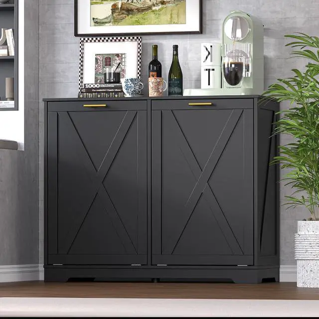 Alt view image 3 of 7 - Tilt Out Trash Can Cabinet for 2 Bins, Hidden Recycle Garbage Bin Enclosure, Wooden Double Laundry Cabinet with Odor Control, Negative Ion & Ozone, for Kitchen, Bathroom, Laundry Room
