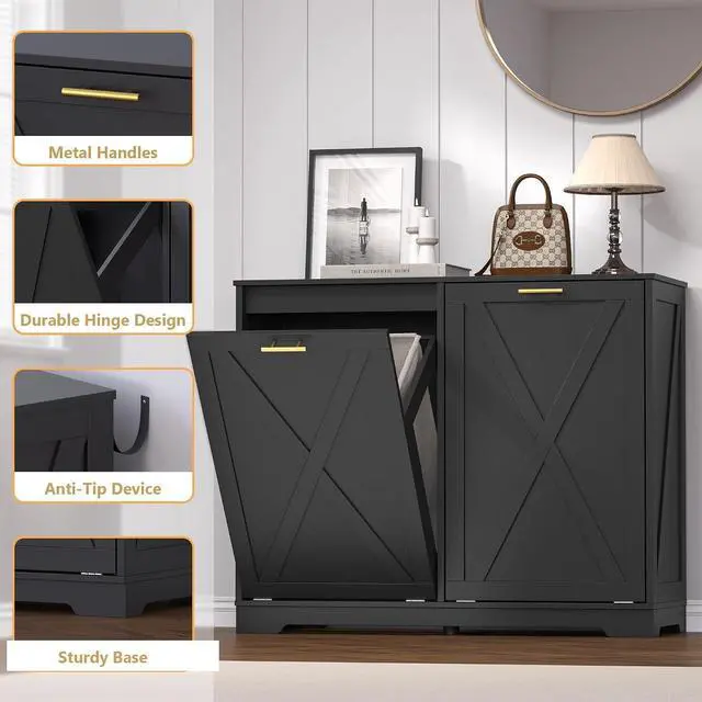 Alt view image 5 of 7 - Tilt Out Trash Can Cabinet for 2 Bins, Hidden Recycle Garbage Bin Enclosure, Wooden Double Laundry Cabinet with Odor Control, Negative Ion & Ozone, for Kitchen, Bathroom, Laundry Room