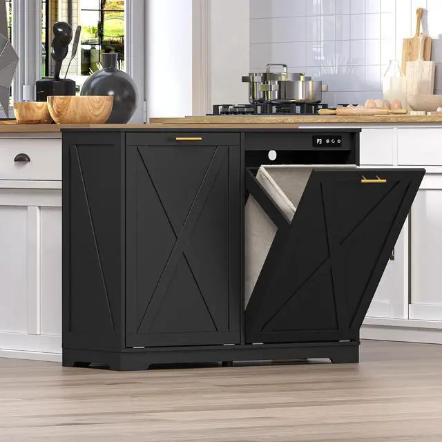 Alt view image 6 of 7 - Tilt Out Trash Can Cabinet for 2 Bins, Hidden Recycle Garbage Bin Enclosure, Wooden Double Laundry Cabinet with Odor Control, Negative Ion & Ozone, for Kitchen, Bathroom, Laundry Room