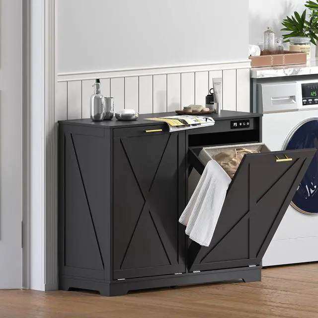 Alt view image 7 of 7 - Tilt Out Trash Can Cabinet for 2 Bins, Hidden Recycle Garbage Bin Enclosure, Wooden Double Laundry Cabinet with Odor Control, Negative Ion & Ozone, for Kitchen, Bathroom, Laundry Room