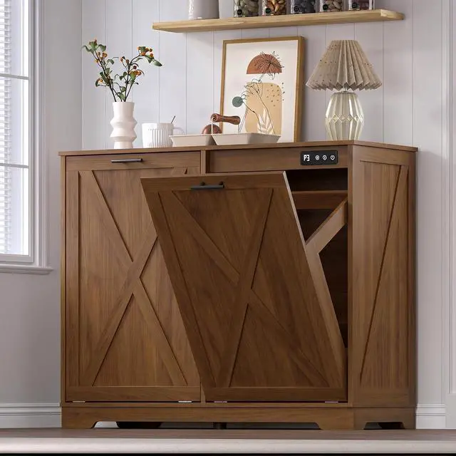 Main image of Tilt Out Trash Can Cabinet for 2 Bins, Hidden Recycle Garbage Bin Enclosure, Wooden Double Laundry Cabinet with Odor Control, Negative Ion & Ozone, for Kitchen, Bathroom, Laundry Room