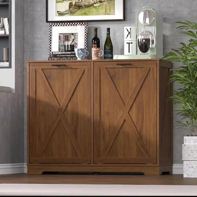 Alt view image 3 of 7 - Tilt Out Trash Can Cabinet for 2 Bins, Hidden Recycle Garbage Bin Enclosure, Wooden Double Laundry Cabinet with Odor Control, Negative Ion & Ozone, for Kitchen, Bathroom, Laundry Room