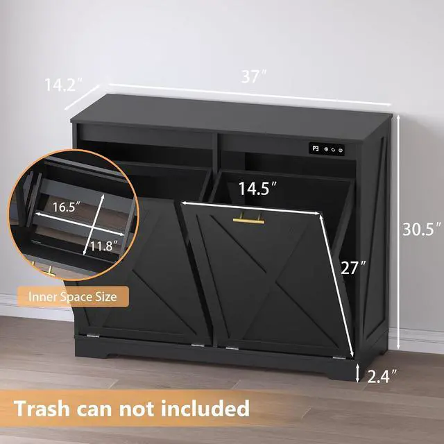 Alt view image 2 of 7 - Tilt Out Trash Can Cabinet for 2 Bins, Hidden Recycle Garbage Bin Enclosure, Wooden Double Laundry Cabinet with Odor Control, Negative Ion & Ozone, for Kitchen, Bathroom, Laundry Room
