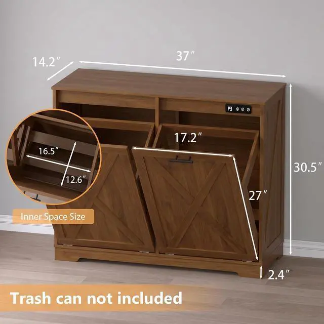 Alt view image 2 of 7 - Tilt Out Trash Can Cabinet for 2 Bins, Hidden Recycle Garbage Bin Enclosure, Wooden Double Laundry Cabinet with Odor Control, Negative Ion & Ozone, for Kitchen, Bathroom, Laundry Room