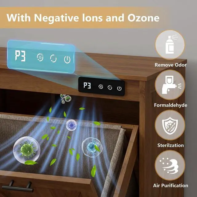 Alt view image 4 of 7 - Tilt Out Trash Can Cabinet for 2 Bins, Hidden Recycle Garbage Bin Enclosure, Wooden Double Laundry Cabinet with Odor Control, Negative Ion & Ozone, for Kitchen, Bathroom, Laundry Room