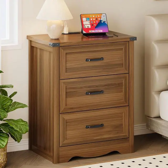 Main image of Night Stand with Charging Station, Wave Base Bedside Table Dresser with Metal Handles, Sturdy Wooden End Side Table Storage Cabinet with Anti-Tipping Design for Bedroom