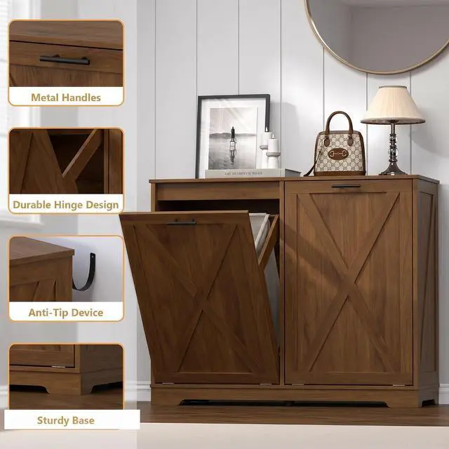 Alt view image 5 of 7 - Tilt Out Trash Can Cabinet for 2 Bins, Hidden Recycle Garbage Bin Enclosure, Wooden Double Laundry Cabinet with Odor Control, Negative Ion & Ozone, for Kitchen, Bathroom, Laundry Room
