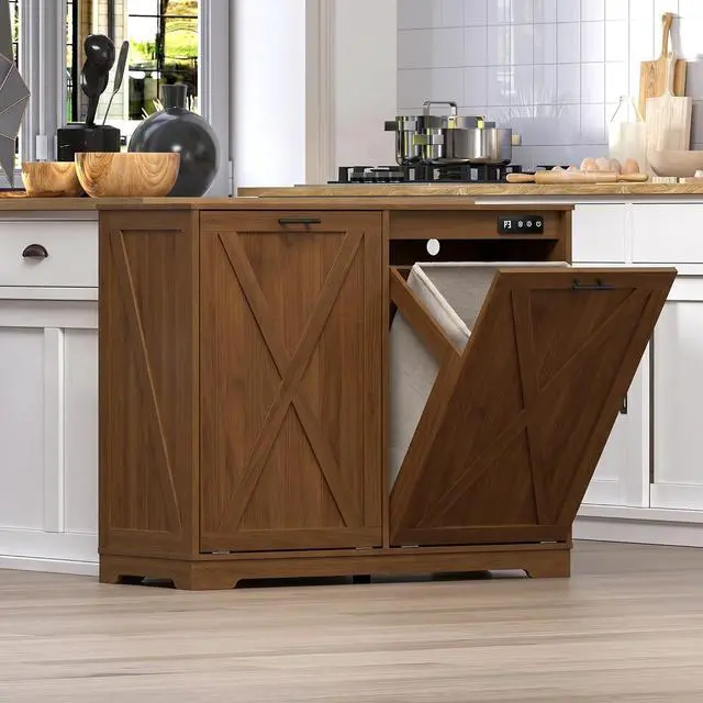 Alt view image 6 of 7 - Tilt Out Trash Can Cabinet for 2 Bins, Hidden Recycle Garbage Bin Enclosure, Wooden Double Laundry Cabinet with Odor Control, Negative Ion & Ozone, for Kitchen, Bathroom, Laundry Room