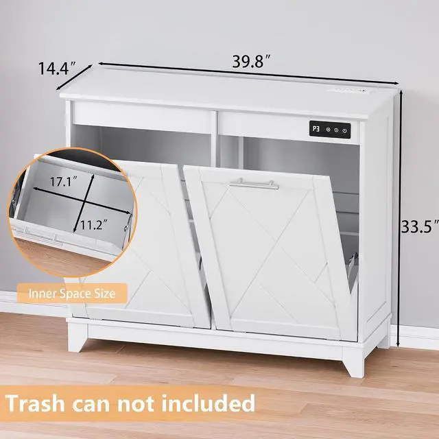 Alt view image 2 of 7 - Tilt Out Trash Can Cabinet for 2 Bins, Hidden Recycle Garbage Bin Enclosure, Wooden Double Laundry Cabinet with Odor Control, Negative Ion & Ozone, for Kitchen, Bathroom, Laundry Room