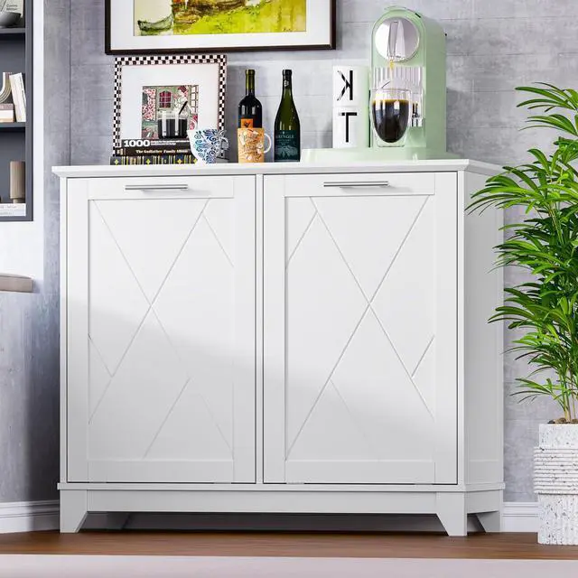 Alt view image 3 of 7 - Tilt Out Trash Can Cabinet for 2 Bins, Hidden Recycle Garbage Bin Enclosure, Wooden Double Laundry Cabinet with Odor Control, Negative Ion & Ozone, for Kitchen, Bathroom, Laundry Room