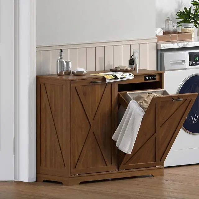 Alt view image 7 of 7 - Tilt Out Trash Can Cabinet for 2 Bins, Hidden Recycle Garbage Bin Enclosure, Wooden Double Laundry Cabinet with Odor Control, Negative Ion & Ozone, for Kitchen, Bathroom, Laundry Room