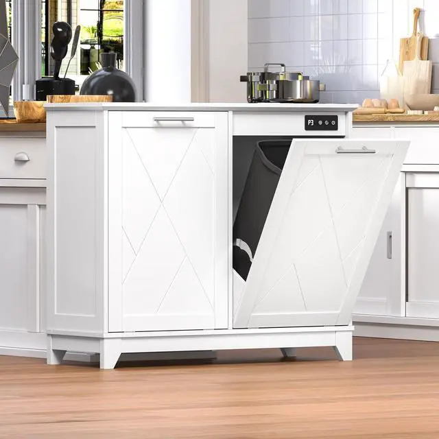 Alt view image 7 of 7 - Tilt Out Trash Can Cabinet for 2 Bins, Hidden Recycle Garbage Bin Enclosure, Wooden Double Laundry Cabinet with Odor Control, Negative Ion & Ozone, for Kitchen, Bathroom, Laundry Room