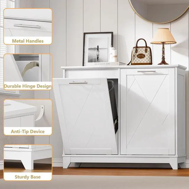 Alt view image 5 of 7 - Tilt Out Trash Can Cabinet for 2 Bins, Hidden Recycle Garbage Bin Enclosure, Wooden Double Laundry Cabinet with Odor Control, Negative Ion & Ozone, for Kitchen, Bathroom, Laundry Room