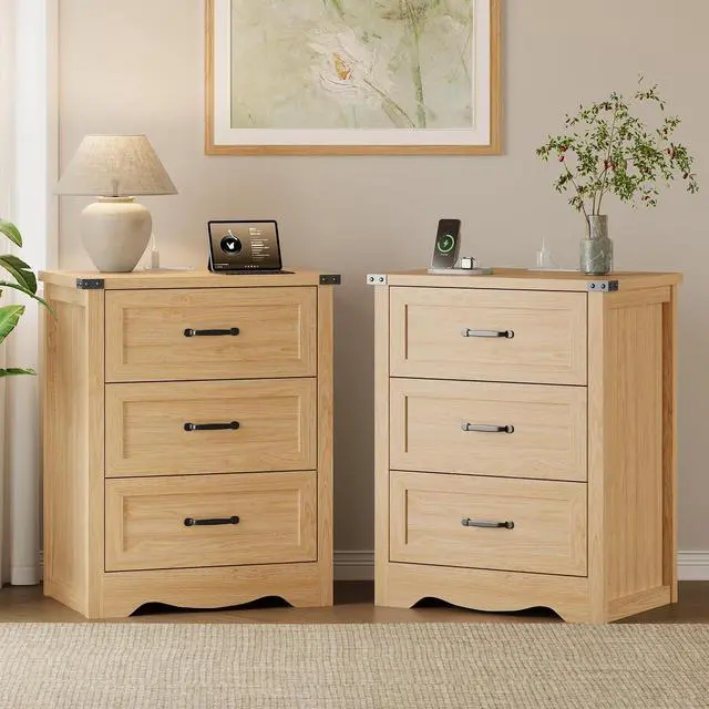 Main image of Night Stand Set of 2, 3 Drawers Bedside Table Dresser with Charging Station, Sturdy Wooden End Side Table Storage Cabinet with Anti-Tipping Design for Bedroom