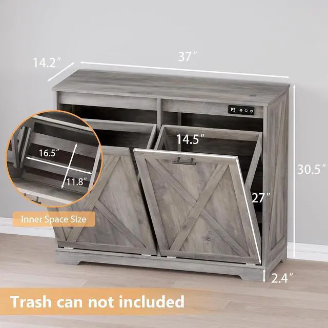 Alt view image 2 of 7 - Tilt Out Trash Can Cabinet for 2 Bins, Hidden Recycle Garbage Bin Enclosure, Wooden Double Laundry Cabinet with Odor Control, Negative Ion & Ozone, for Kitchen, Bathroom, Laundry Room