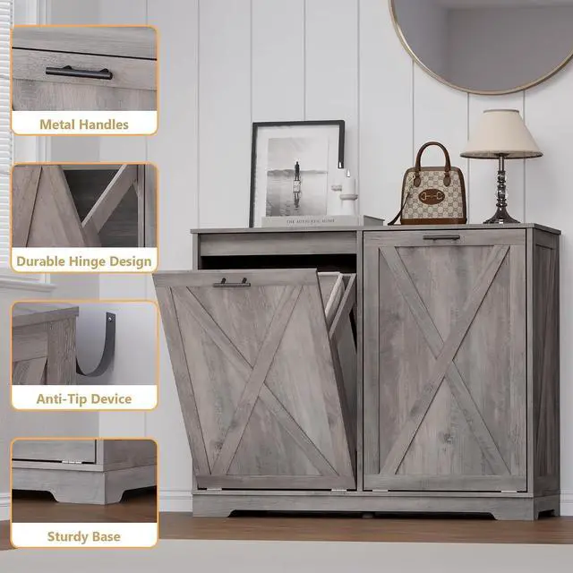 Alt view image 5 of 7 - Tilt Out Trash Can Cabinet for 2 Bins, Hidden Recycle Garbage Bin Enclosure, Wooden Double Laundry Cabinet with Odor Control, Negative Ion & Ozone, for Kitchen, Bathroom, Laundry Room
