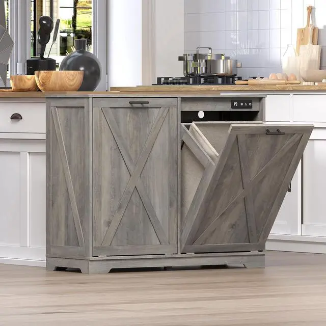 Alt view image 6 of 7 - Tilt Out Trash Can Cabinet for 2 Bins, Hidden Recycle Garbage Bin Enclosure, Wooden Double Laundry Cabinet with Odor Control, Negative Ion & Ozone, for Kitchen, Bathroom, Laundry Room
