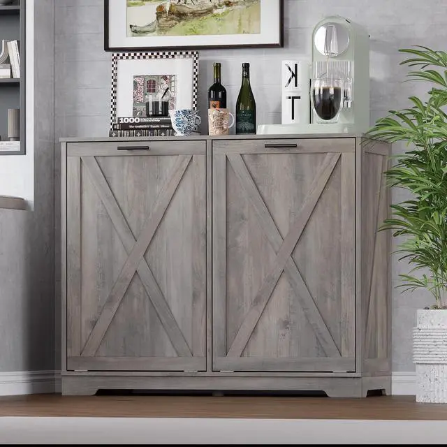 Alt view image 3 of 7 - Tilt Out Trash Can Cabinet for 2 Bins, Hidden Recycle Garbage Bin Enclosure, Wooden Double Laundry Cabinet with Odor Control, Negative Ion & Ozone, for Kitchen, Bathroom, Laundry Room