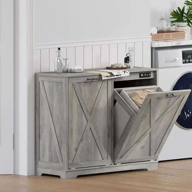 Alt view image 7 of 7 - Tilt Out Trash Can Cabinet for 2 Bins, Hidden Recycle Garbage Bin Enclosure, Wooden Double Laundry Cabinet with Odor Control, Negative Ion & Ozone, for Kitchen, Bathroom, Laundry Room
