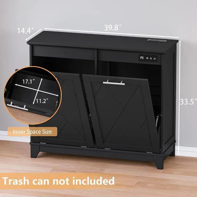 Alt view image 2 of 7 - Tilt Out Trash Can Cabinet for 2 Bins, Hidden Recycle Garbage Bin Enclosure, Wooden Double Laundry Cabinet with Odor Control, Negative Ion & Ozone, for Kitchen, Bathroom, Laundry Room
