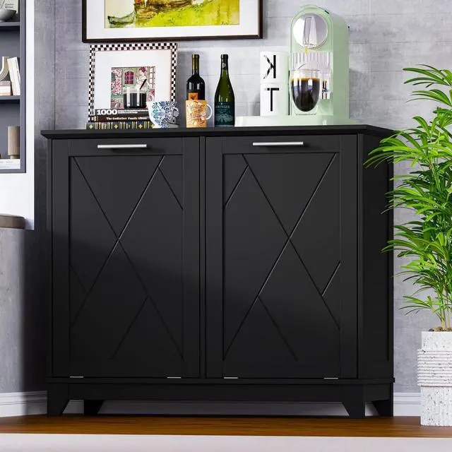 Alt view image 3 of 7 - Tilt Out Trash Can Cabinet for 2 Bins, Hidden Recycle Garbage Bin Enclosure, Wooden Double Laundry Cabinet with Odor Control, Negative Ion & Ozone, for Kitchen, Bathroom, Laundry Room