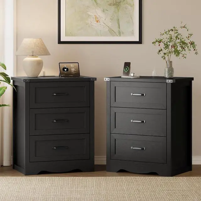 Main image of Night Stand Set of 2, 3 Drawers Bedside Table Dresser with Charging Station, Sturdy Wooden End Side Table Storage Cabinet with Anti-Tipping Design for Bedroom