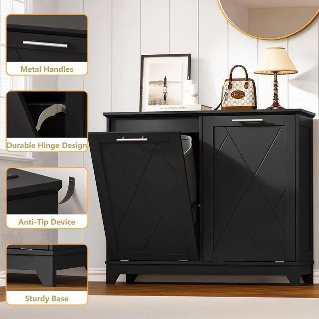 Alt view image 5 of 7 - Tilt Out Trash Can Cabinet for 2 Bins, Hidden Recycle Garbage Bin Enclosure, Wooden Double Laundry Cabinet with Odor Control, Negative Ion & Ozone, for Kitchen, Bathroom, Laundry Room
