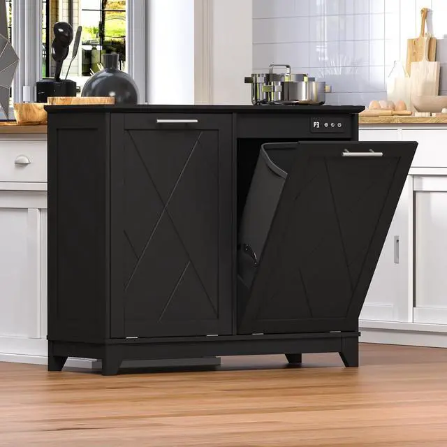 Alt view image 7 of 7 - Tilt Out Trash Can Cabinet for 2 Bins, Hidden Recycle Garbage Bin Enclosure, Wooden Double Laundry Cabinet with Odor Control, Negative Ion & Ozone, for Kitchen, Bathroom, Laundry Room