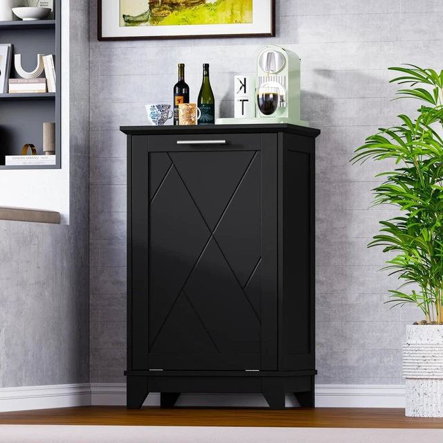 Alt view image 3 of 7 - Tilt Out Trash Can Cabinet, Hidden Trash Can Cabinet with Odor Control, Negative Ion & Ozone, Wooden Laundry Hamper Cabinet, Single Trash Cabinet for Kitchen, Bathroom, Laundry Room, White