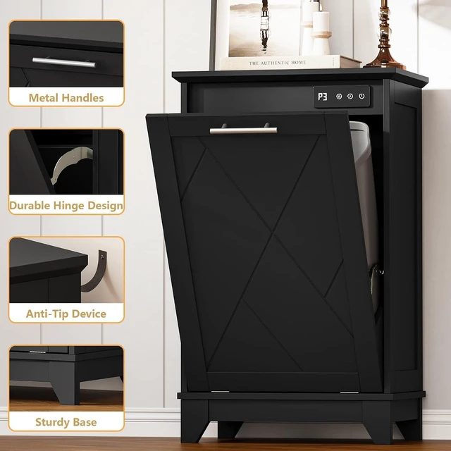 Alt view image 5 of 7 - Tilt Out Trash Can Cabinet, Hidden Trash Can Cabinet with Odor Control, Negative Ion & Ozone, Wooden Laundry Hamper Cabinet, Single Trash Cabinet for Kitchen, Bathroom, Laundry Room, White