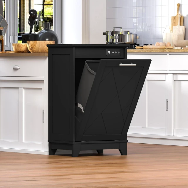 Alt view image 6 of 7 - Tilt Out Trash Can Cabinet, Hidden Trash Can Cabinet with Odor Control, Negative Ion & Ozone, Wooden Laundry Hamper Cabinet, Single Trash Cabinet for Kitchen, Bathroom, Laundry Room, White